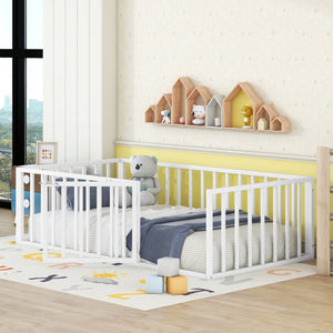 English Elm Twin Metal Floor Bed Frame with Decorative Fence and Little Door for Kids Rooms, Elegant Safe Design White MF307108AAK