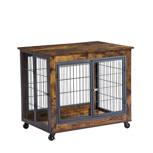 English Elm Furniture Rustic Brown Dog Crate Side Table on Wheels with Top Lift, Double Doors, Secure & Quiet Resting Space W1162120540