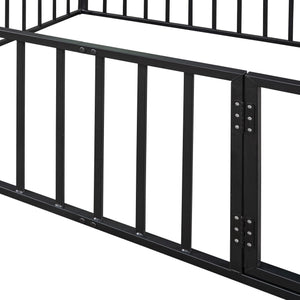 English Elm Queen Metal Floor Bed Frame with Decorative Fence and Door for Kids Rooms, Elegant Safe Design, 82.5"L x 62"W Black MF307106AAB