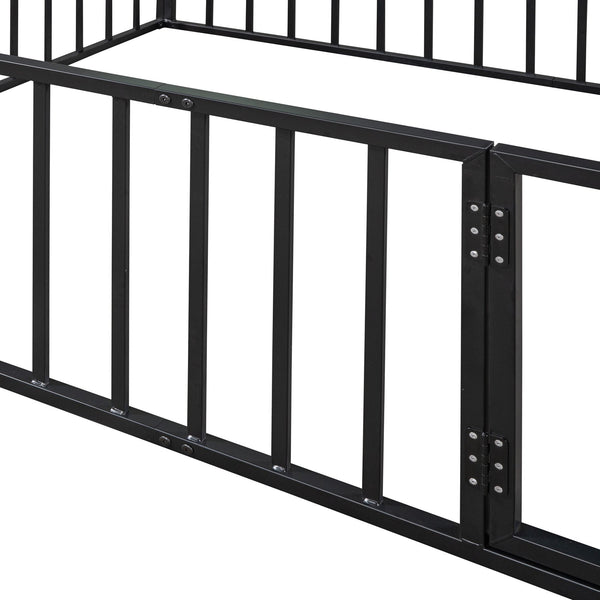 English Elm Queen Metal Floor Bed Frame with Decorative Fence and Door for Kids Rooms, Elegant Safe Design, 82.5"L x 62"W Black MF307106AAB