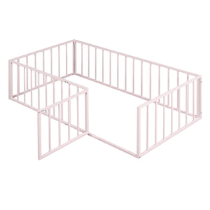 English Elm Twin Metal Floor Bed Frame with Decorative Fence and Little Door for Kids Rooms, Elegant Safe Design Pink MF307108AAH