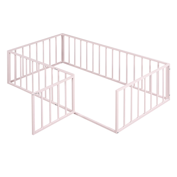 English Elm Twin Metal Floor Bed Frame with Decorative Fence and Little Door for Kids Rooms, Elegant Safe Design Pink MF307108AAH