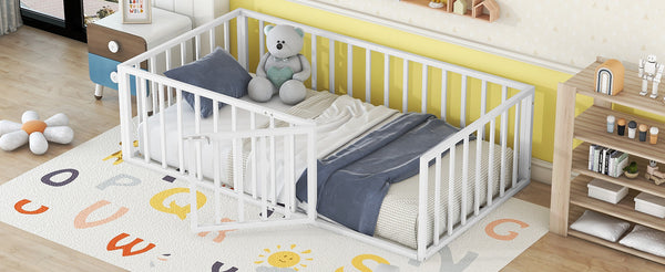 English Elm Twin Metal Floor Bed Frame with Decorative Fence and Little Door for Kids Rooms, Elegant Safe Design White MF307108AAK