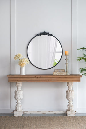 English Elm 36" Round Baroque Iron Frame Wall Mirror Matte Sculptural Relief Entryway Accent Black W2078124103
