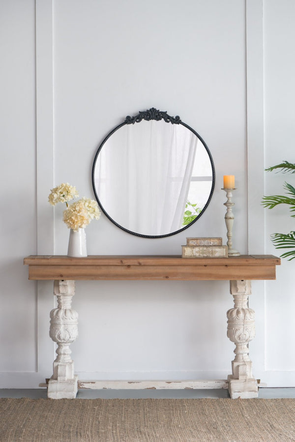 English Elm 36" Round Baroque Iron Frame Wall Mirror Matte Sculptural Relief Entryway Accent Black W2078124103