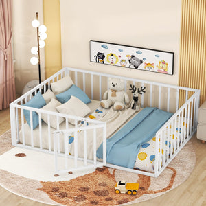 English Elm Full Floor Metal Bed Frame with Decorative Fence and Door for Kids, Elegant Low-Profile Sleep Space White MF307107AAK