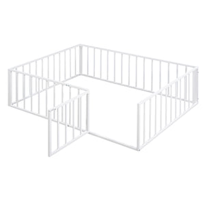 English Elm Full Floor Metal Bed Frame with Decorative Fence and Door for Kids, Elegant Low-Profile Sleep Space White MF307107AAK