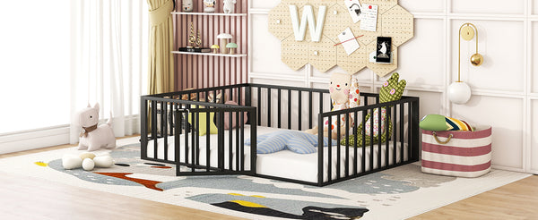 English Elm Full Floor Metal Bed Frame with Decorative Fence and Door for Kids, Elegant Low-Profile Sleep Space Black MF307107AAB