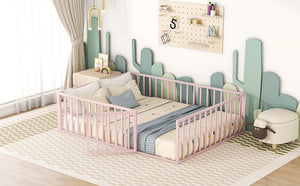 English Elm Queen Metal Floor Bed Frame with Decorative Fence and Door for Kids Rooms, Elegant Safe Design, 82.5"L x 62"W Pink MF307106AAH