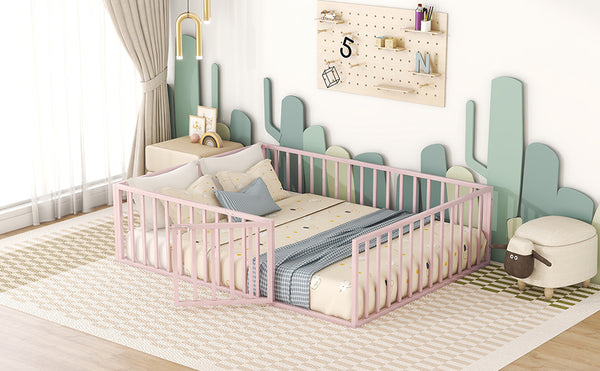 English Elm Queen Metal Floor Bed Frame with Decorative Fence and Door for Kids Rooms, Elegant Safe Design, 82.5"L x 62"W Pink MF307106AAH