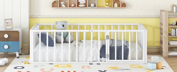 English Elm Twin Metal Floor Bed Frame with Decorative Fence and Little Door for Kids Rooms, Elegant Safe Design White MF307108AAK