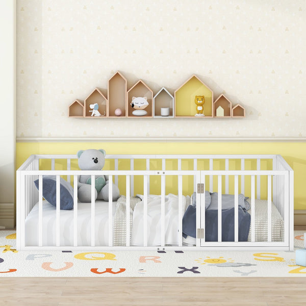 English Elm Twin Metal Floor Bed Frame with Decorative Fence and Little Door for Kids Rooms, Elegant Safe Design White MF307108AAK