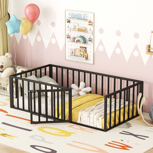 English Elm Twin Metal Floor Bed Frame with Decorative Fence and Little Door for Kids Rooms, Elegant Safe Design Black MF307108AAB