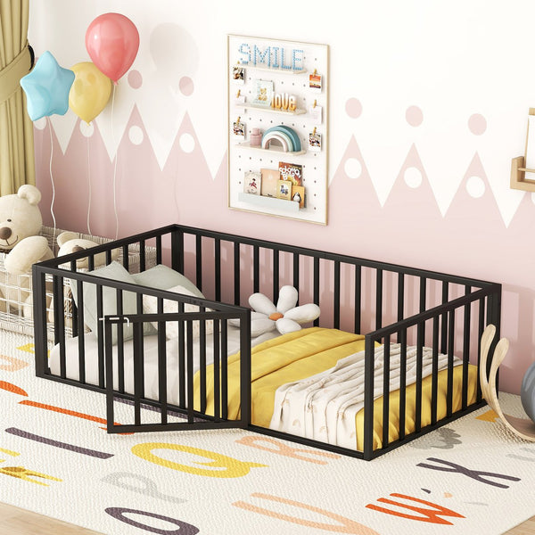 English Elm Twin Metal Floor Bed Frame with Decorative Fence and Little Door for Kids Rooms, Elegant Safe Design Black MF307108AAB