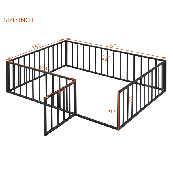 English Elm Full Floor Metal Bed Frame with Decorative Fence and Door for Kids, Elegant Low-Profile Sleep Space Black MF307107AAB