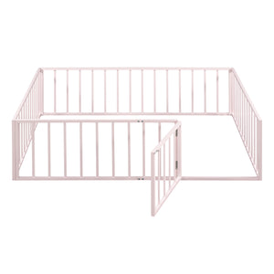 English Elm Full Floor Metal Bed Frame with Decorative Fence and Door for Kids, Elegant Low-Profile Sleep Space Pink MF307107AAH