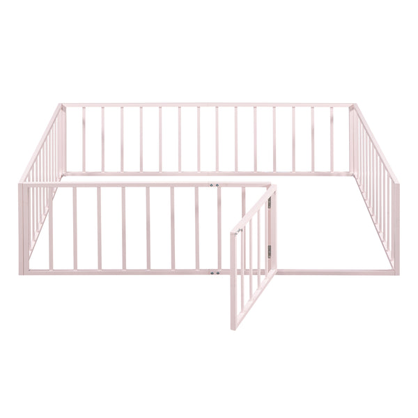 English Elm Full Floor Metal Bed Frame with Decorative Fence and Door for Kids, Elegant Low-Profile Sleep Space Pink MF307107AAH