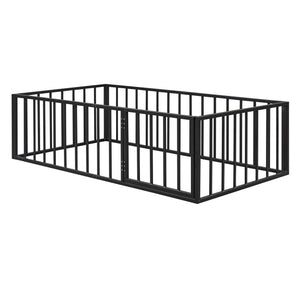 English Elm Twin Metal Floor Bed Frame with Decorative Fence and Little Door for Kids Rooms, Elegant Safe Design Black MF307108AAB