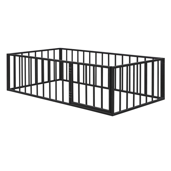 English Elm Twin Metal Floor Bed Frame with Decorative Fence and Little Door for Kids Rooms, Elegant Safe Design Black MF307108AAB