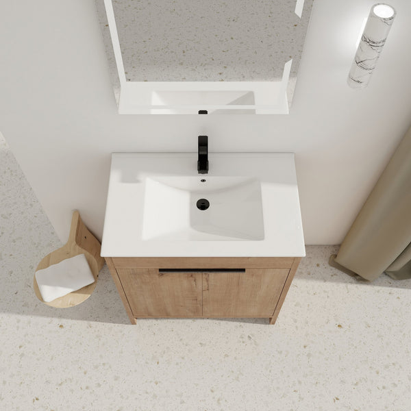 English Elm 30" Freestanding Bathroom Vanity With White Ceramic Sink, Soft-Close Doors & Adjustable Storage Shelf W999S00100