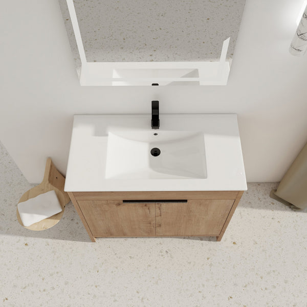 English Elm 36" Freestanding Bathroom Vanity with White Ceramic Sink, Soft-Close Doors, Adjustable Shelf, Scratch & Water-Resistant Finish W999S00101