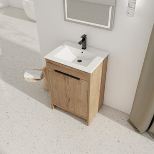 English Elm 24" Freestanding Bathroom Vanity with Ceramic Sink, Soft-Close Doors, Adjustable Shelf, Water-Resistant Finish W999S00099