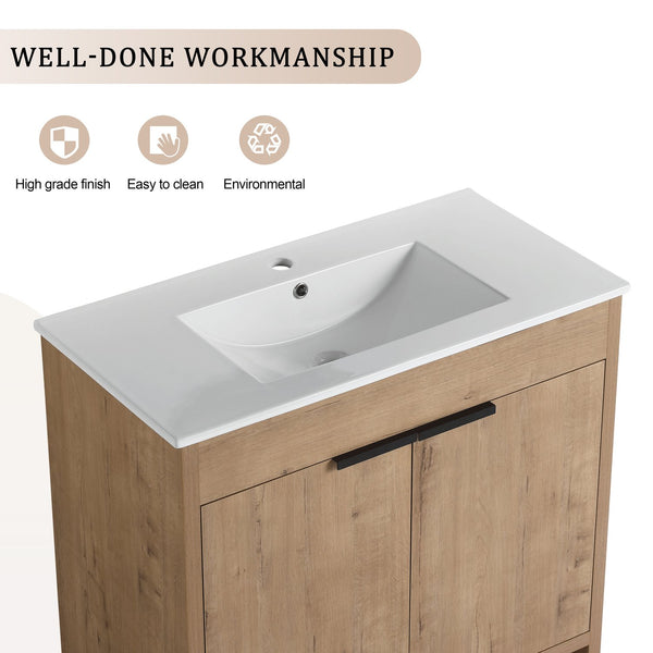 English Elm 36" Freestanding Bathroom Vanity with White Ceramic Sink, Soft-Close Doors, Adjustable Shelf, Scratch & Water-Resistant Finish W999S00101