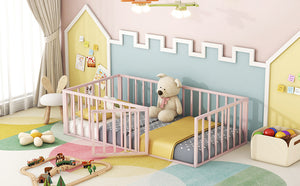 English Elm Twin Metal Floor Bed Frame with Decorative Fence and Little Door for Kids Rooms, Elegant Safe Design Pink MF307108AAH