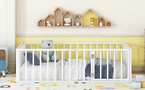 English Elm Twin Metal Floor Bed Frame with Decorative Fence and Little Door for Kids Rooms, Elegant Safe Design White MF307108AAK