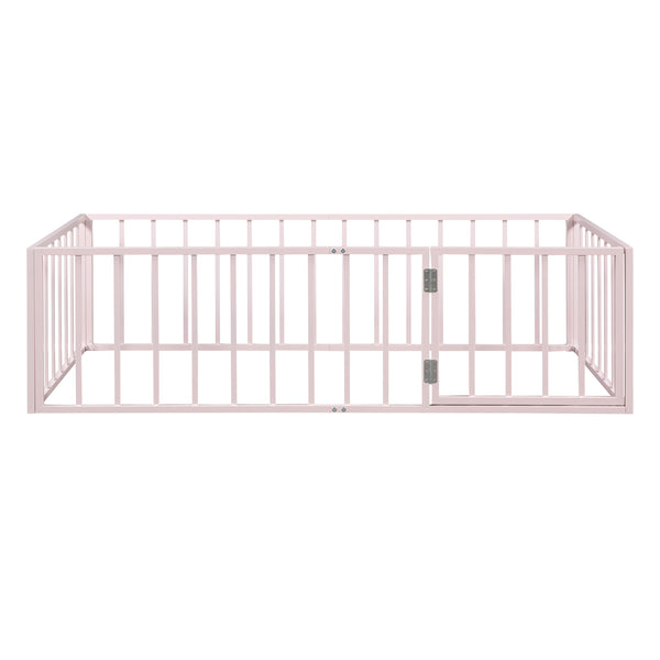 English Elm Twin Metal Floor Bed Frame with Decorative Fence and Little Door for Kids Rooms, Elegant Safe Design Pink MF307108AAH