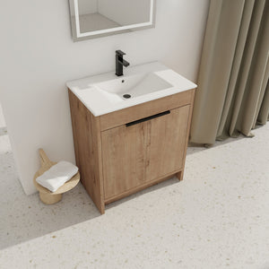 English Elm 30" Freestanding Bathroom Vanity With White Ceramic Sink, Soft-Close Doors & Adjustable Storage Shelf W999S00100