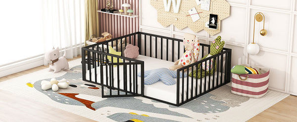 English Elm Full Floor Metal Bed Frame with Decorative Fence and Door for Kids, Elegant Low-Profile Sleep Space Black MF307107AAB