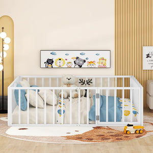 English Elm Full Floor Metal Bed Frame with Decorative Fence and Door for Kids, Elegant Low-Profile Sleep Space White MF307107AAK