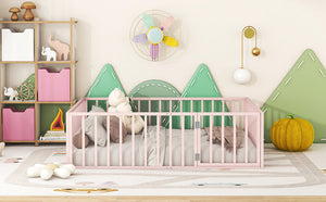 English Elm Full Floor Metal Bed Frame with Decorative Fence and Door for Kids, Elegant Low-Profile Sleep Space Pink MF307107AAH