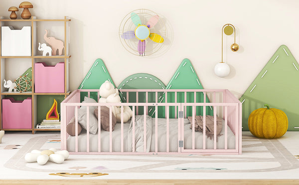 English Elm Full Floor Metal Bed Frame with Decorative Fence and Door for Kids, Elegant Low-Profile Sleep Space Pink MF307107AAH
