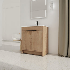 English Elm 30" Freestanding Bathroom Vanity With White Ceramic Sink, Soft-Close Doors & Adjustable Storage Shelf W999S00100