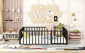 English Elm Full Floor Metal Bed Frame with Decorative Fence and Door for Kids, Elegant Low-Profile Sleep Space Black MF307107AAB