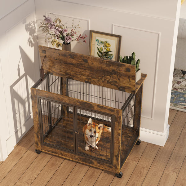 English Elm Furniture Rustic Brown Dog Crate Side Table on Wheels with Top Lift, Double Doors, Secure & Quiet Resting Space W1162120540