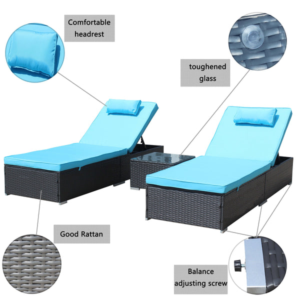 English Elm 3-Piece Cushioned Wicker Lounge Set With Adjustable Chaise Loungers & Glass Coffee Table For Outdoors W209S00017