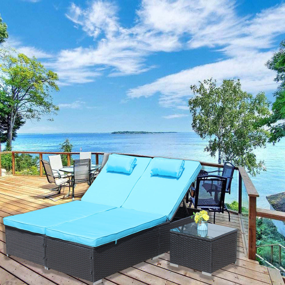 English Elm 3-Piece Cushioned Wicker Lounge Set With Adjustable Chaise Loungers & Glass Coffee Table For Outdoors W209S00017