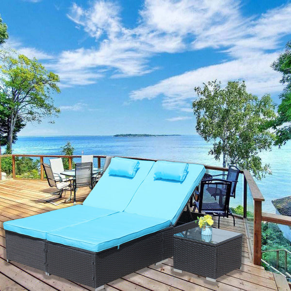 English Elm 3-Piece Cushioned Wicker Lounge Set With Adjustable Chaise Loungers & Glass Coffee Table For Outdoors W209S00017