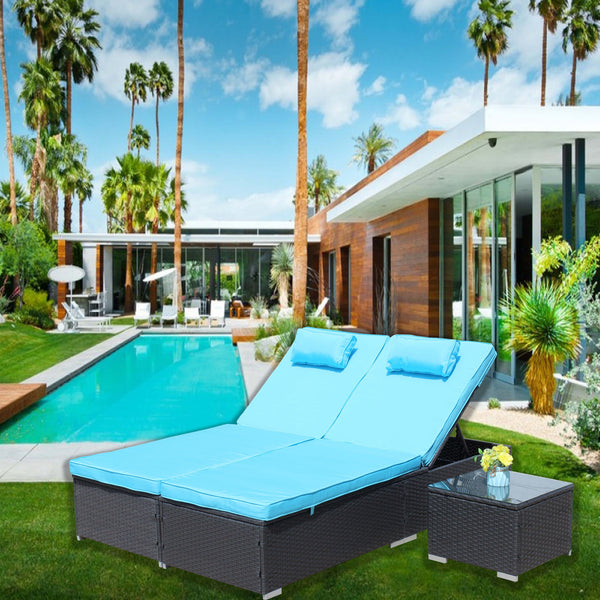 English Elm 3-Piece Cushioned Wicker Lounge Set With Adjustable Chaise Loungers & Glass Coffee Table For Outdoors W209S00017