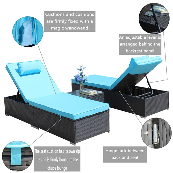 English Elm 3-Piece Cushioned Wicker Lounge Set With Adjustable Chaise Loungers & Glass Coffee Table For Outdoors W209S00017