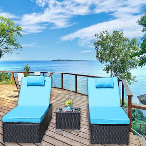 English Elm 3-Piece Cushioned Wicker Lounge Set With Adjustable Chaise Loungers & Glass Coffee Table For Outdoors W209S00017