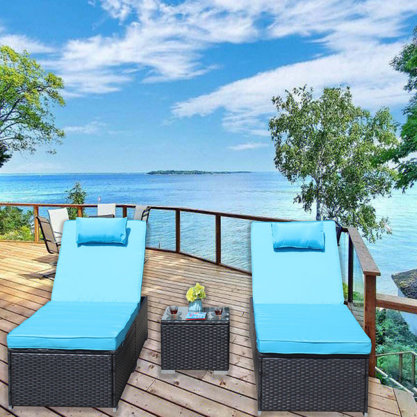 English Elm 3-Piece Cushioned Wicker Lounge Set With Adjustable Chaise Loungers & Glass Coffee Table For Outdoors W209S00017