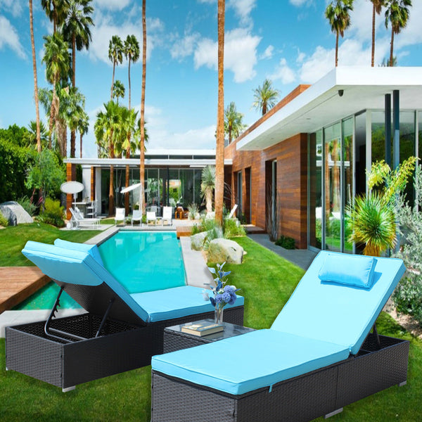 English Elm 3-Piece Cushioned Wicker Lounge Set With Adjustable Chaise Loungers & Glass Coffee Table For Outdoors W209S00017