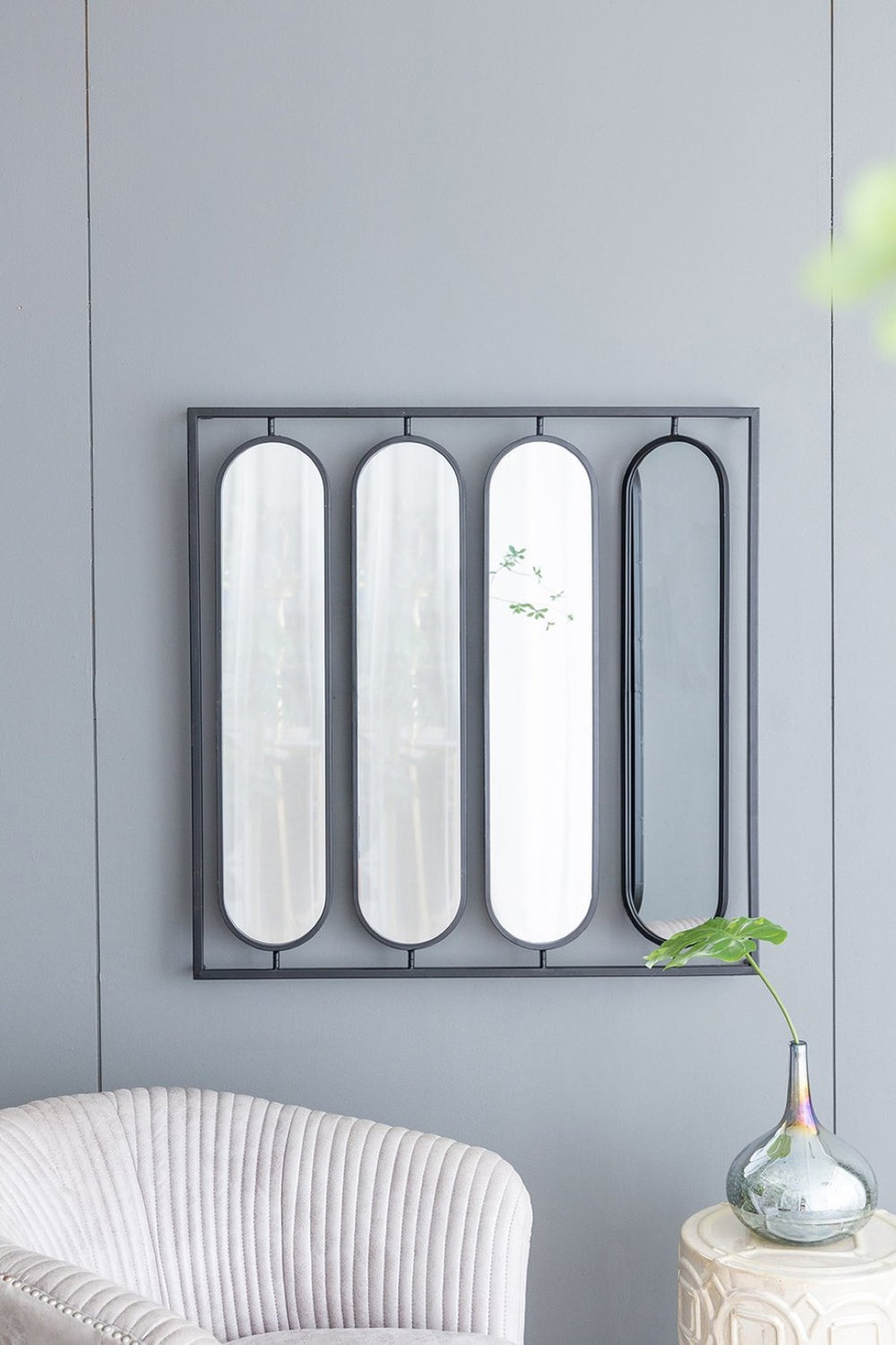 English Elm 36" Iron Square Frame Wall Mirror with Four Swivel Oval Panels Matte Black Finish W2078124365
