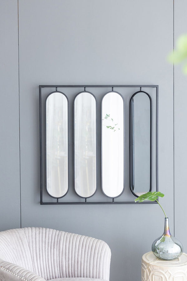 English Elm 36" Iron Square Frame Wall Mirror with Four Swivel Oval Panels Matte Black Finish W2078124365