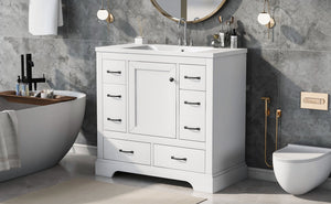 English Elm 36" Modern Bathroom Vanity with Ceramic Sink, Six Drawers, Adjustable Shelf, Solid Wood Build White SY999808AAK-6