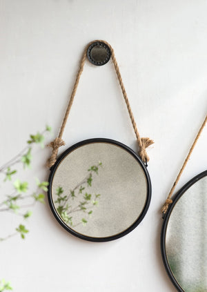 English Elm 19.5" Round Iron Wall Mirror with Rope Strap Hanger for Bathroom or Entryway W2078124346